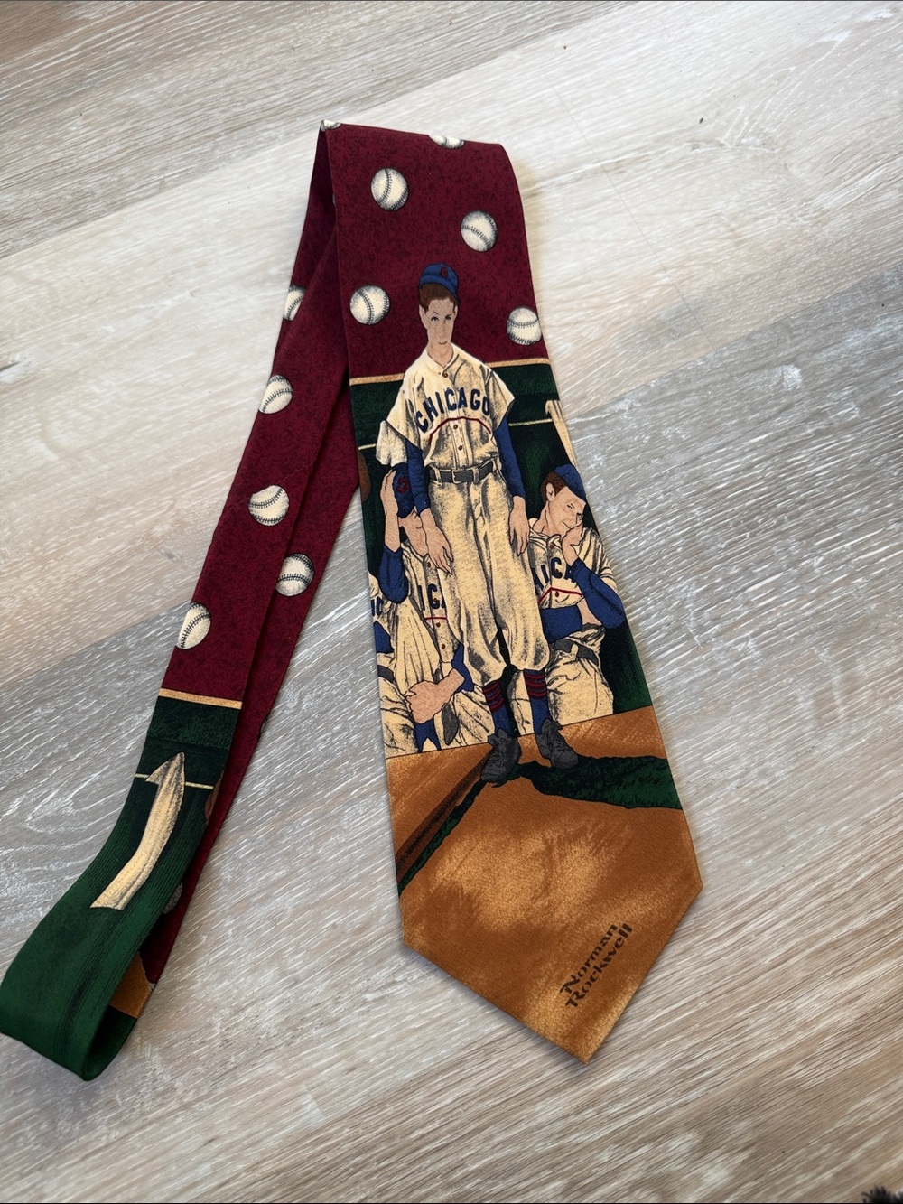 Norman Rockwell Maroon, Green & Gold Baseball Player Silk Tie